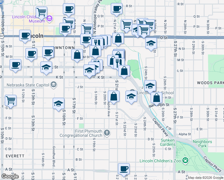 map of restaurants, bars, coffee shops, grocery stores, and more near 2035 J Street in Lincoln