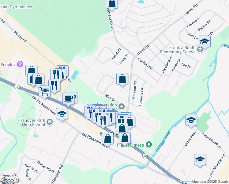 map of restaurants, bars, coffee shops, grocery stores, and more near 10 Donna Drive in East Hanover
