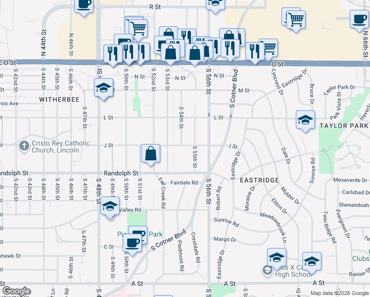 map of restaurants, bars, coffee shops, grocery stores, and more near 5415 J Street in Lincoln