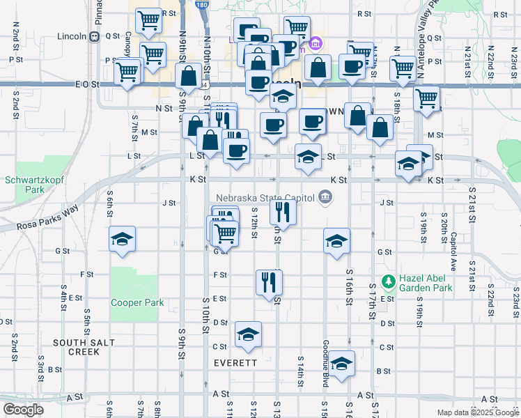 map of restaurants, bars, coffee shops, grocery stores, and more near 1201 Lincoln Mall in Lincoln
