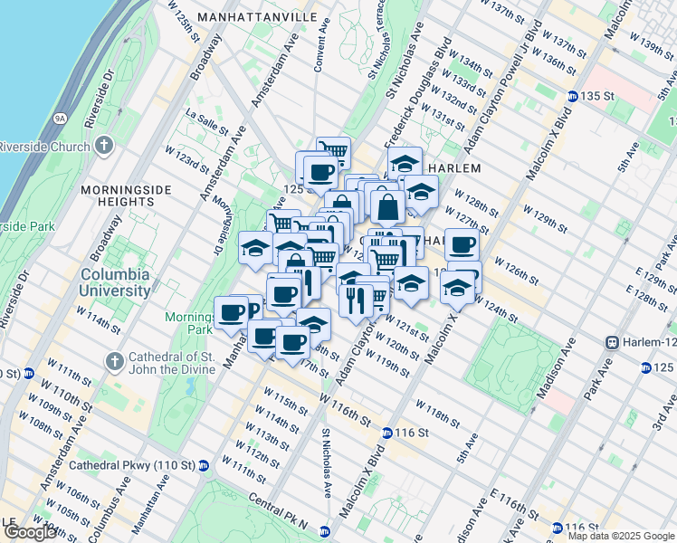 map of restaurants, bars, coffee shops, grocery stores, and more near 242 West 122nd Street in New York