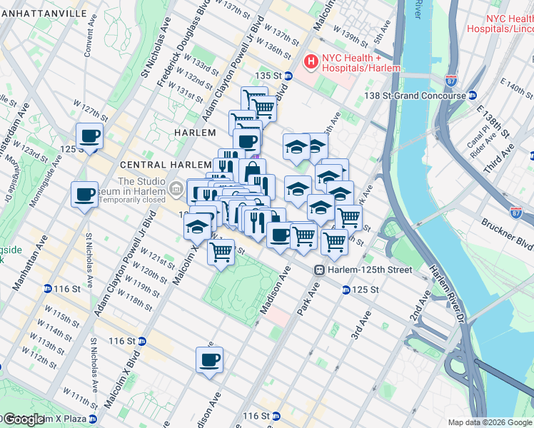 map of restaurants, bars, coffee shops, grocery stores, and more near 23 West 125th Street in New York