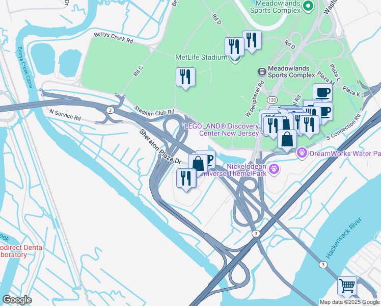 map of restaurants, bars, coffee shops, grocery stores, and more near 300 Highway 3 in East Rutherford