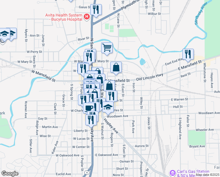 map of restaurants, bars, coffee shops, grocery stores, and more near 235 East Rensselaer Street in Bucyrus