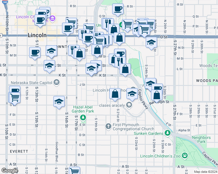map of restaurants, bars, coffee shops, grocery stores, and more near 2015 J Street in Lincoln