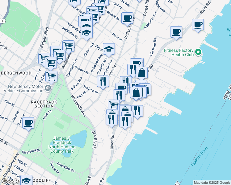map of restaurants, bars, coffee shops, grocery stores, and more near 114 Pine Street in Cliffside Park