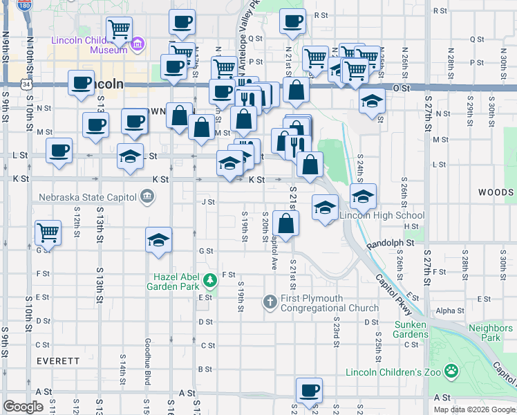 map of restaurants, bars, coffee shops, grocery stores, and more near 611 South 20th Street in Lincoln