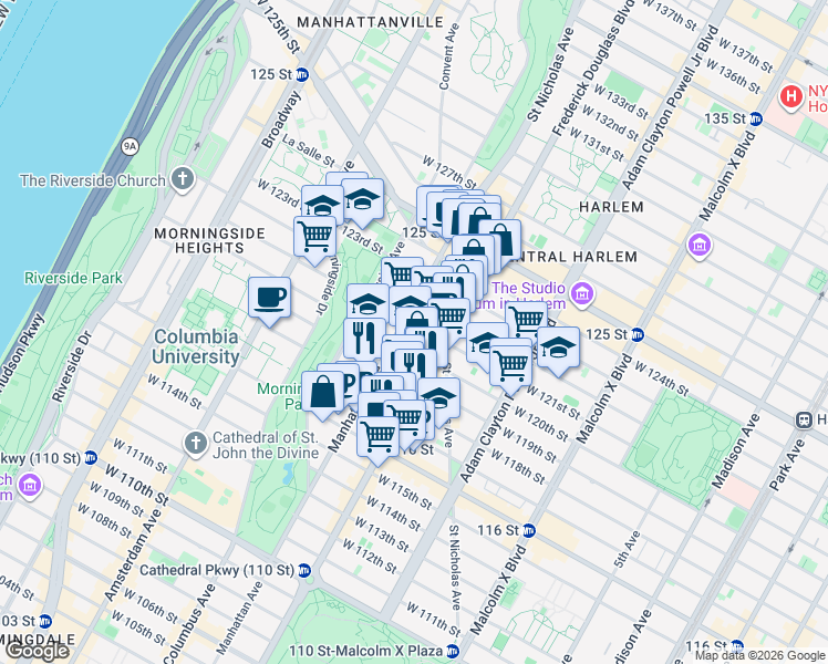 map of restaurants, bars, coffee shops, grocery stores, and more near 312 West 121st Street in New York