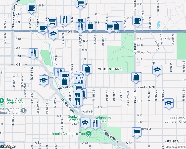 map of restaurants, bars, coffee shops, grocery stores, and more near 626 South 29th Street in Lincoln