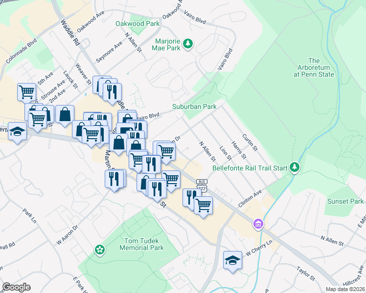 map of restaurants, bars, coffee shops, grocery stores, and more near 1529 Cromer Drive in State College