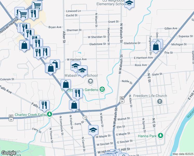 map of restaurants, bars, coffee shops, grocery stores, and more near North Miami Street in Wabash