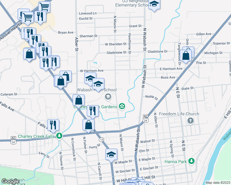 map of restaurants, bars, coffee shops, grocery stores, and more near North Miami Street in Wabash