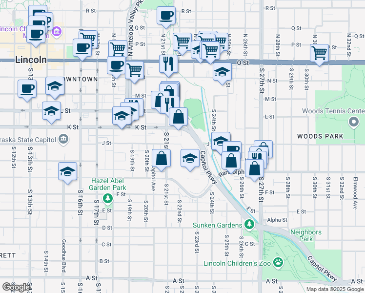 map of restaurants, bars, coffee shops, grocery stores, and more near 2229 J Street in Lincoln