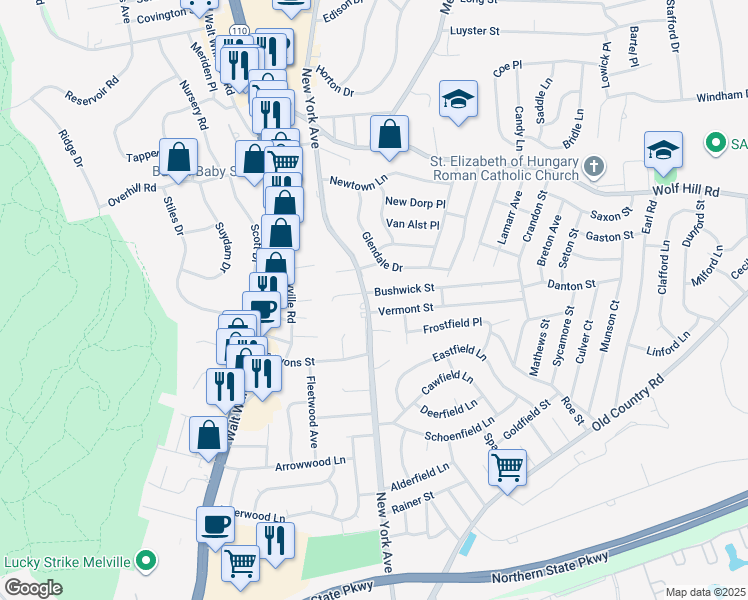 map of restaurants, bars, coffee shops, grocery stores, and more near 2495 New York Avenue in Melville