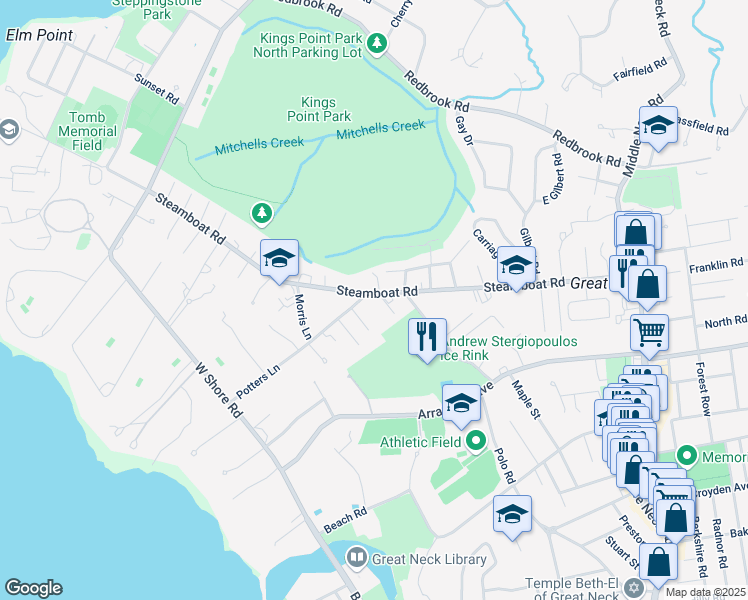 map of restaurants, bars, coffee shops, grocery stores, and more near 6 Potters Lane in Great Neck