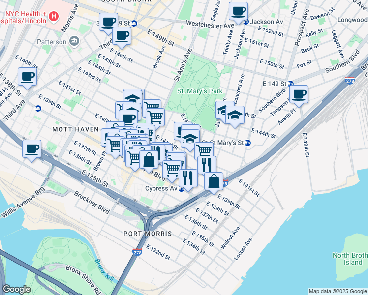 map of restaurants, bars, coffee shops, grocery stores, and more near 626 East 141st Street in Bronx