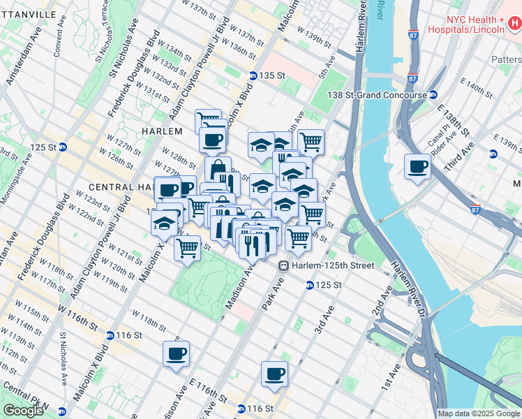map of restaurants, bars, coffee shops, grocery stores, and more near 2 East 127th Street in New York