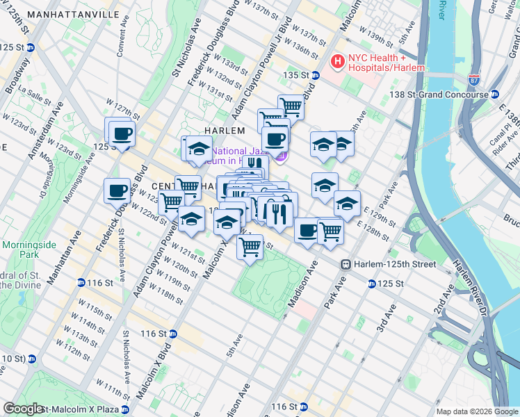 map of restaurants, bars, coffee shops, grocery stores, and more near 55 West 125th Street in New York