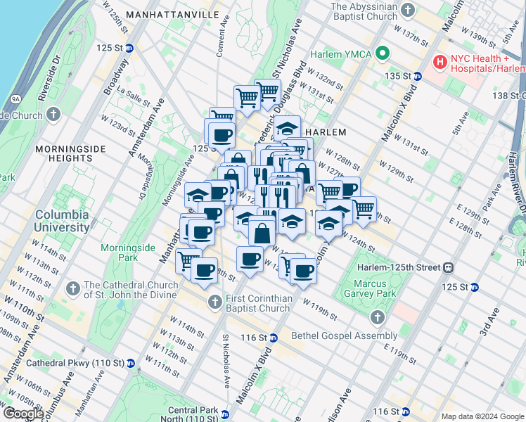 map of restaurants, bars, coffee shops, grocery stores, and more near in New York