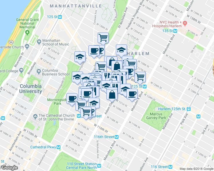 map of restaurants, bars, coffee shops, grocery stores, and more near 234 West 122nd Street in New York