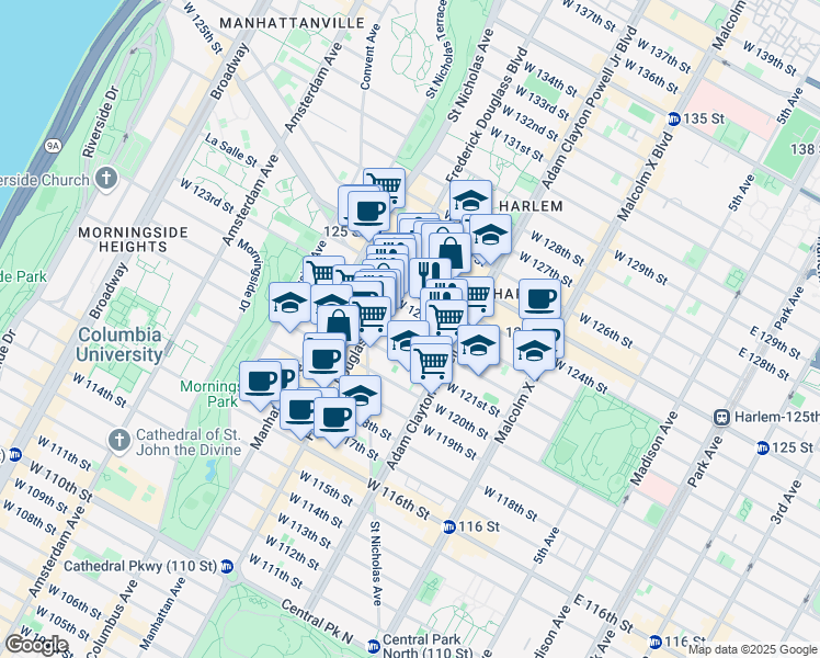 map of restaurants, bars, coffee shops, grocery stores, and more near 234 West 122nd Street in New York