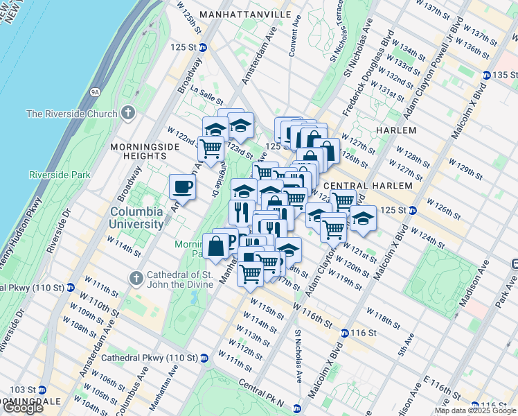 map of restaurants, bars, coffee shops, grocery stores, and more near 315 West 120th Street in New York
