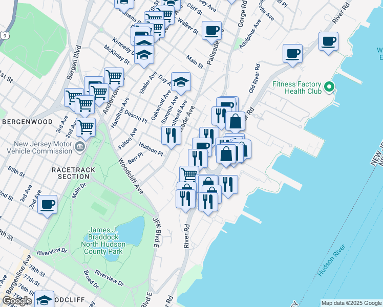 map of restaurants, bars, coffee shops, grocery stores, and more near 114 Pine Street in Cliffside Park
