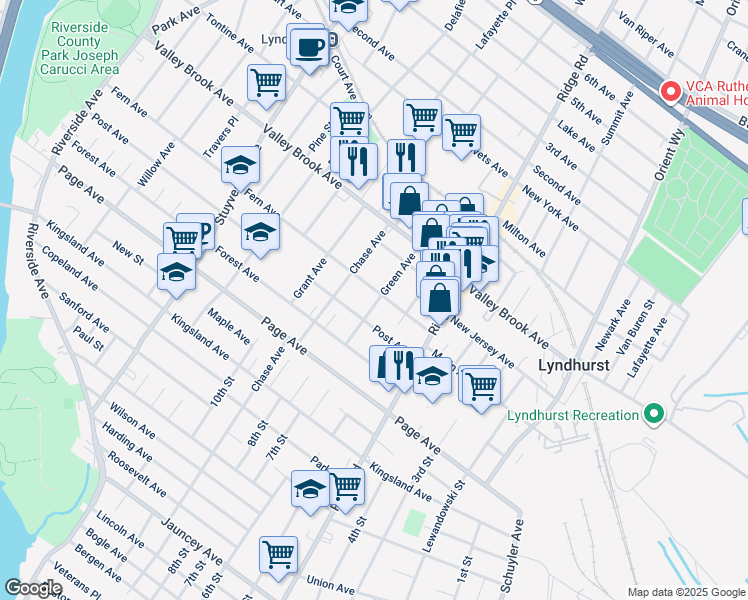 map of restaurants, bars, coffee shops, grocery stores, and more near 501 Post Avenue in Lyndhurst