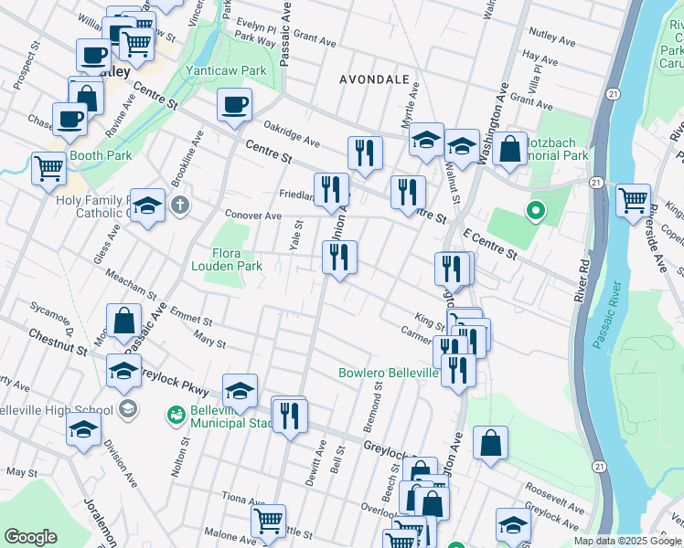 map of restaurants, bars, coffee shops, grocery stores, and more near 108 King Street in Nutley