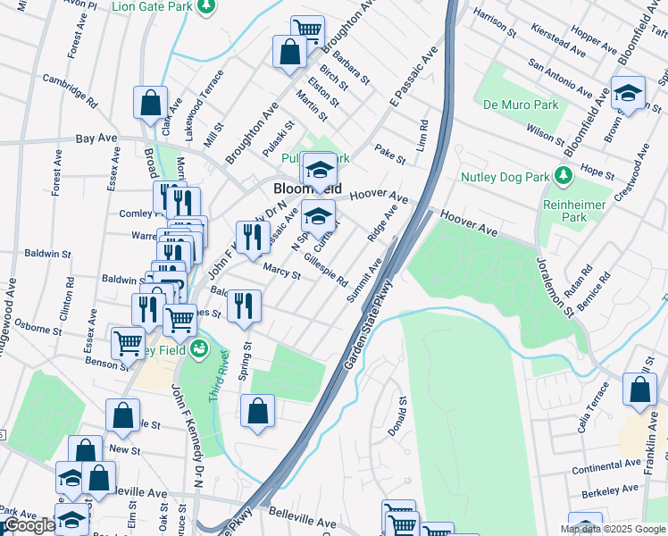 map of restaurants, bars, coffee shops, grocery stores, and more near in Bloomfield