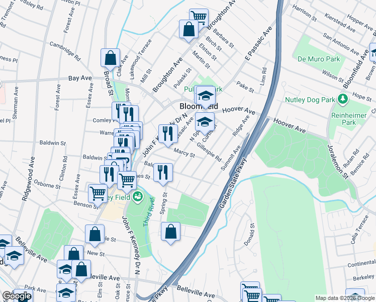 map of restaurants, bars, coffee shops, grocery stores, and more near 51 Marcy Street in Bloomfield