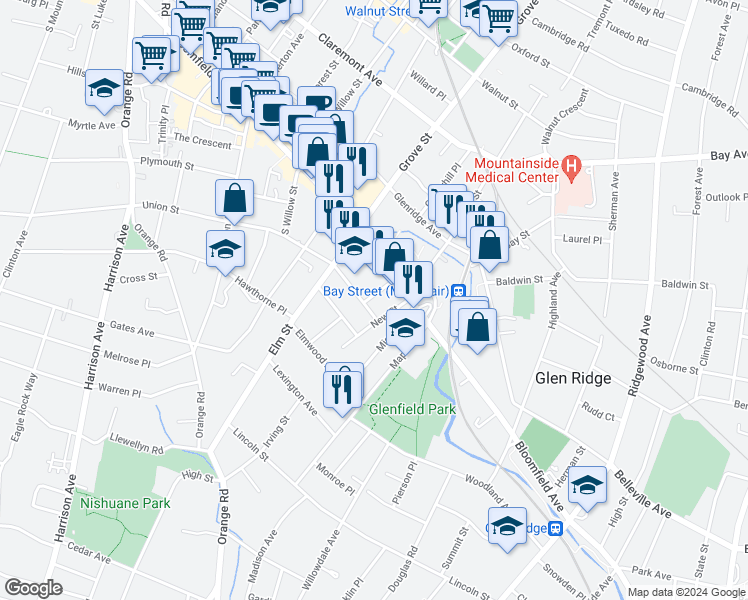 map of restaurants, bars, coffee shops, grocery stores, and more near 10 Washington Street in Montclair