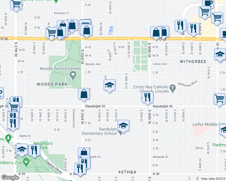 map of restaurants, bars, coffee shops, grocery stores, and more near 616 South 36th Street in Lincoln