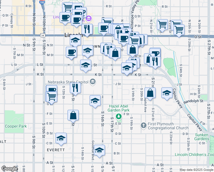 map of restaurants, bars, coffee shops, grocery stores, and more near 1631 J Street in Lincoln