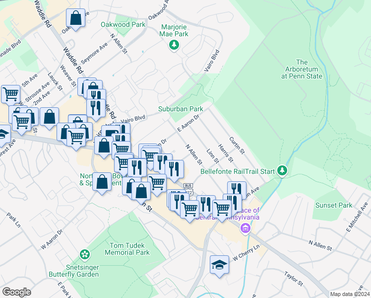 map of restaurants, bars, coffee shops, grocery stores, and more near 1518 North Allen Street in State College
