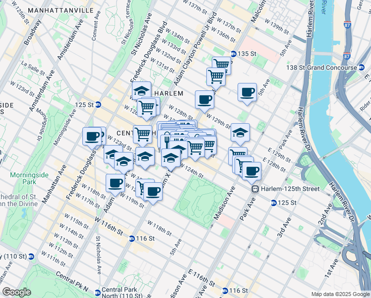 map of restaurants, bars, coffee shops, grocery stores, and more near 304 Malcolm X Boulevard in New York