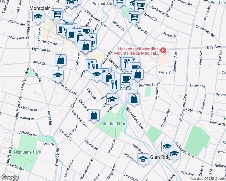 map of restaurants, bars, coffee shops, grocery stores, and more near 1 New Street in Montclair