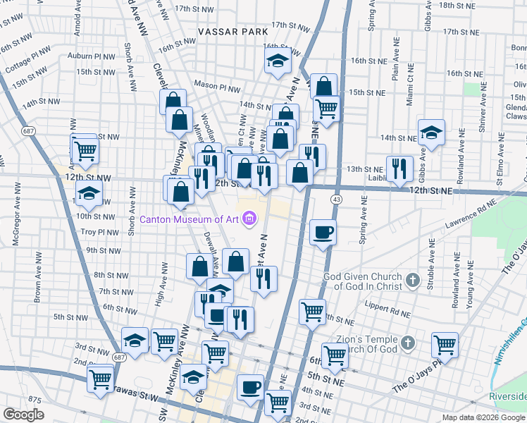 map of restaurants, bars, coffee shops, grocery stores, and more near 1076 Market Avenue North in Canton