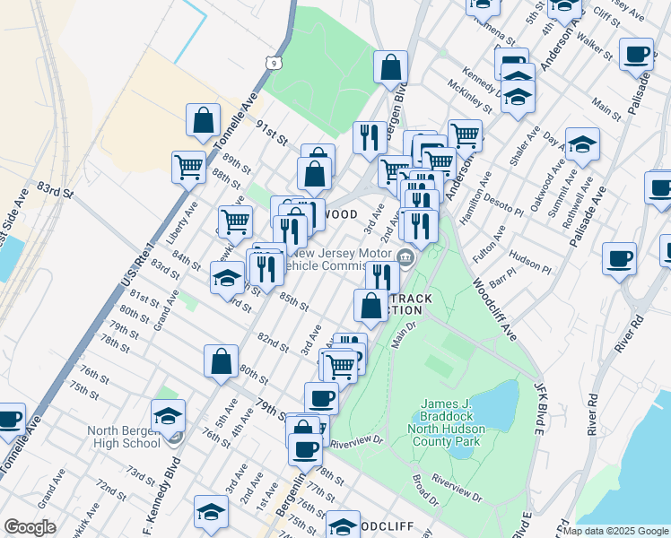 map of restaurants, bars, coffee shops, grocery stores, and more near 717 87th Street in North Bergen