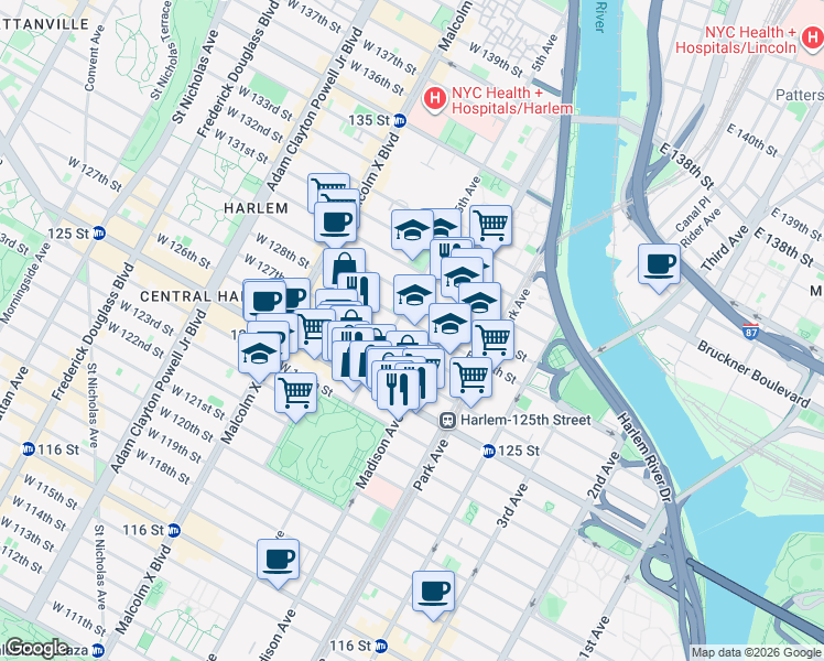 map of restaurants, bars, coffee shops, grocery stores, and more near 2 East 127th Street in New York