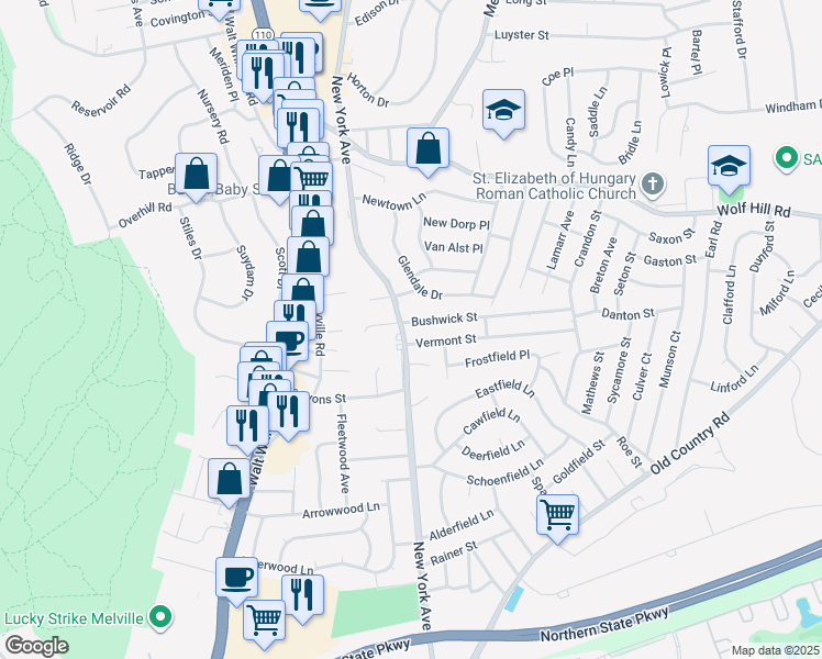 map of restaurants, bars, coffee shops, grocery stores, and more near 2495 New York Avenue in Melville