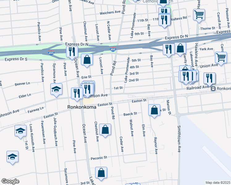 map of restaurants, bars, coffee shops, grocery stores, and more near 91 Johnson Avenue in Ronkonkoma