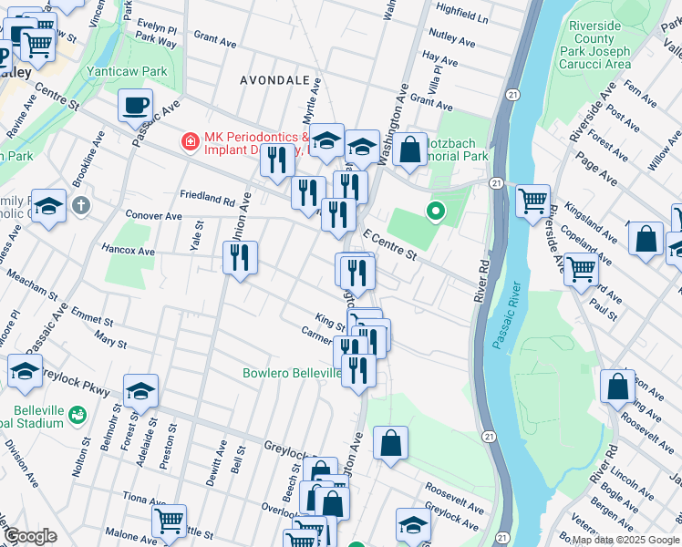 map of restaurants, bars, coffee shops, grocery stores, and more near 38 Washington Avenue in Nutley