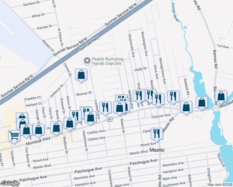 map of restaurants, bars, coffee shops, grocery stores, and more near 7 Elm Place in Mastic