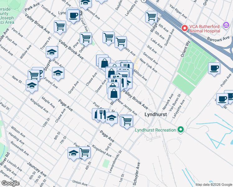 map of restaurants, bars, coffee shops, grocery stores, and more near 341 New Jersey 17 in Lyndhurst