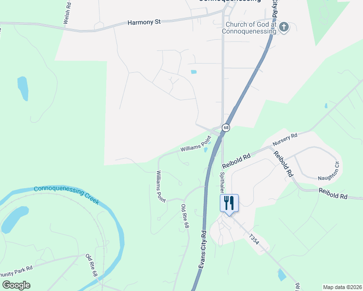 map of restaurants, bars, coffee shops, grocery stores, and more near 117 Williams Point in Evans City