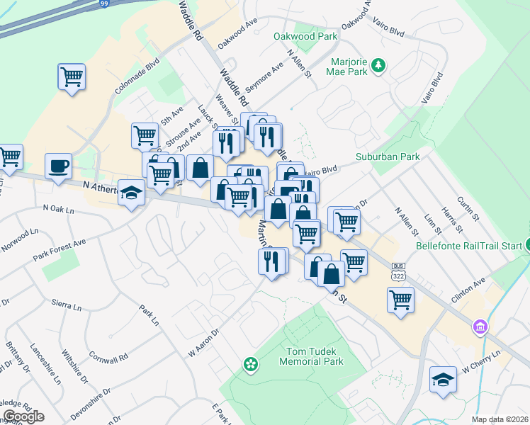 map of restaurants, bars, coffee shops, grocery stores, and more near N Atherton St & Vairo Blvd in Centre