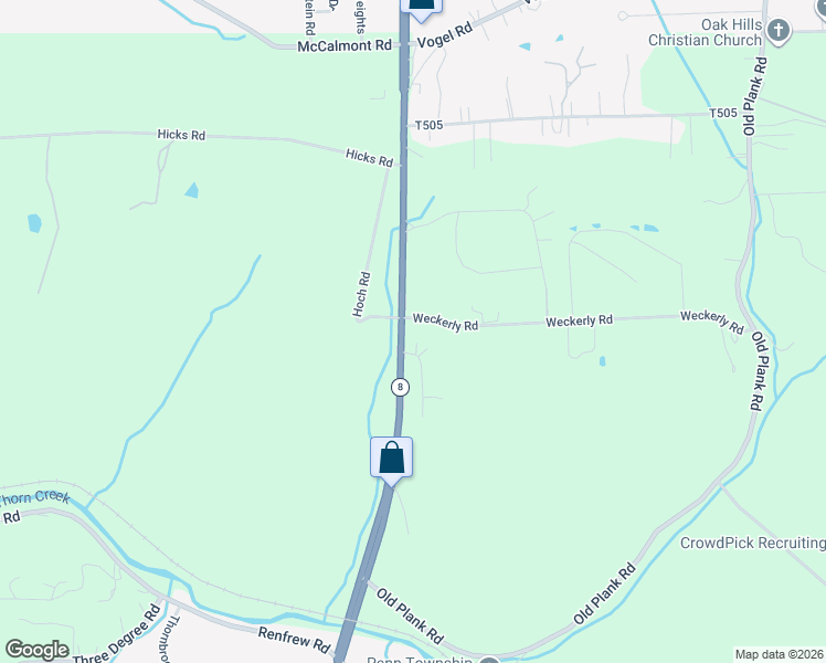 map of restaurants, bars, coffee shops, grocery stores, and more near 101 Thorncrest Drive in Butler