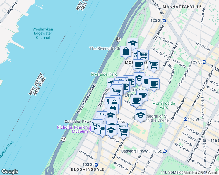 map of restaurants, bars, coffee shops, grocery stores, and more near 420 Riverside Drive in New York