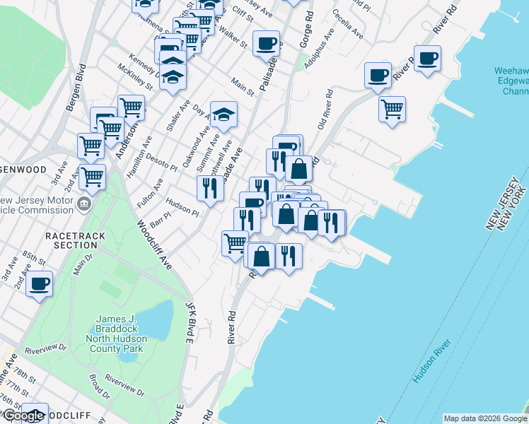 map of restaurants, bars, coffee shops, grocery stores, and more near 200 Old River Road in Edgewater